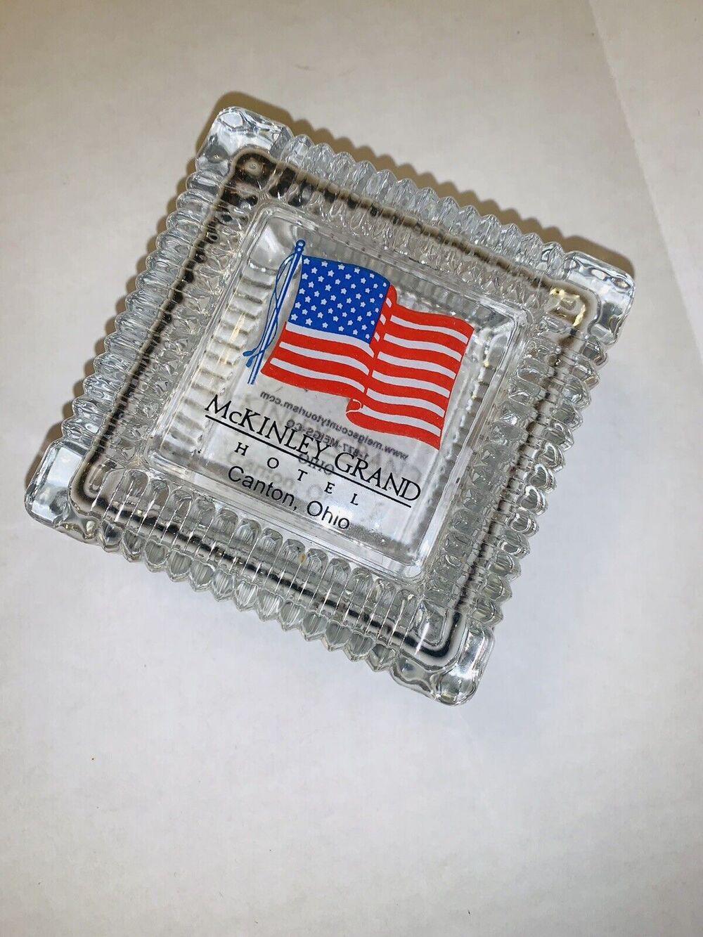 Glass Trinket Box w Lid Former McKinley Grand Hotel Canton Ohio 4" Square EUC